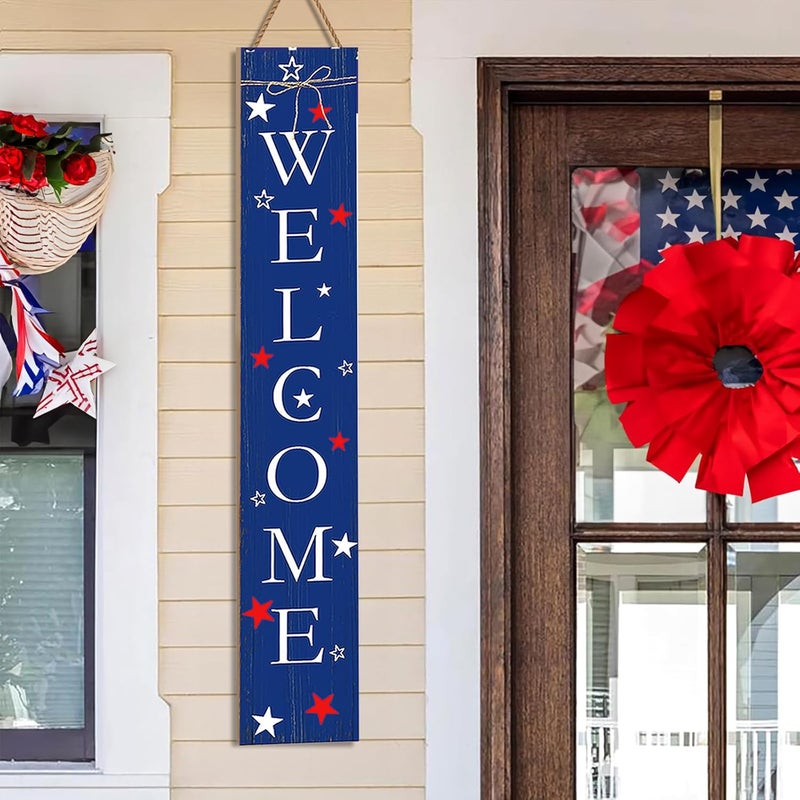 Seimip 4th of July Patriotic Welcome Porch Sign for Outdoor, American Flag Front Door Sign For Patio, 47" Blue Standing Yard Sign USA Wooden Signs Seasons Garden Decorations Vertical Signs for Indoor Wall - Image 2